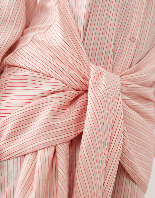 Missyempire cotton blend tie front detail button through shirt mini dress in pink stripe, 2 of 4