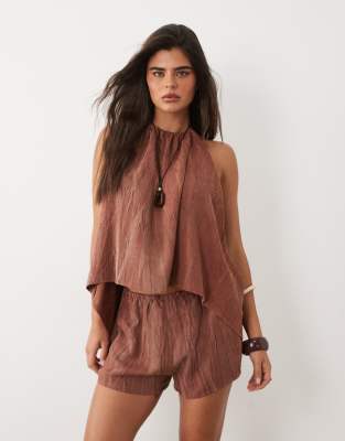 Missyempire cotton crinkle fabric pull on shorts co-ord in brown washed stripe