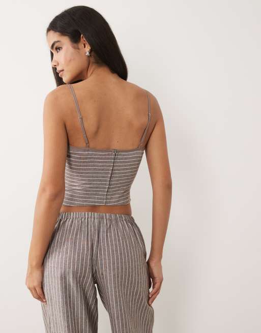 Missyempire cotton rich scoop neck cami top co-ord in brown stripe, 4 of 4