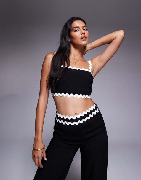 Missyempire cotton scallop edge square neck top co-ord in black - view 1