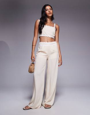 cotton scallop trim waist detail wide leg pants in beige - part of a set-Neutral