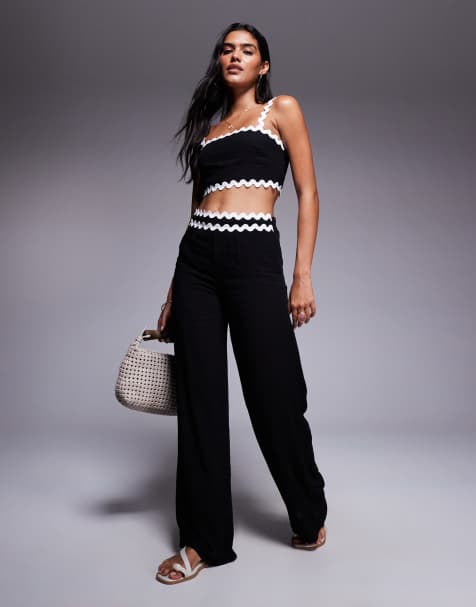 Missyempire cotton scallop trim waist detail wide leg trousers co-ord in black - view 1