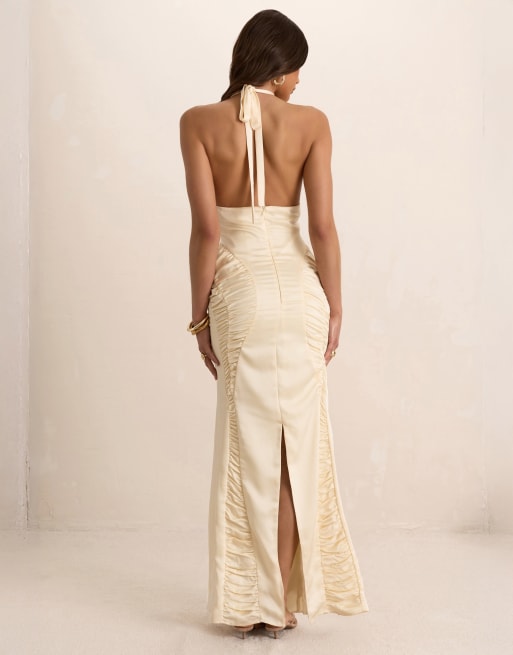 Missyempire Cream satin ruched plunge maxi dress in cream, 2 of 5