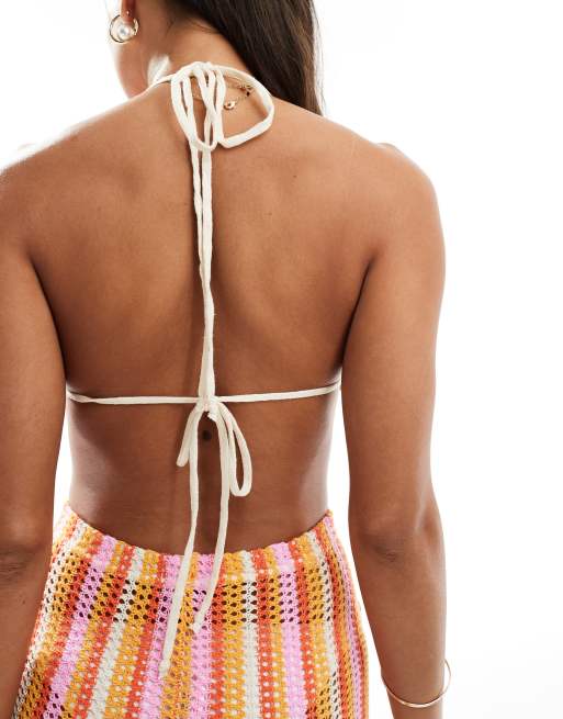 Missyempire crochet bralette top co-ord in orange and pink stripe, 4 of 4