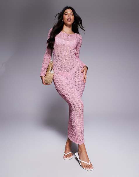 Missyempire crochet knit open back maxi beach dress in pink - view 1