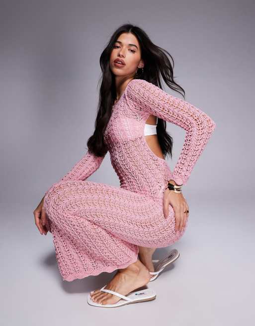 Missyempire crochet knit open back maxi beach dress in pink | ASOS