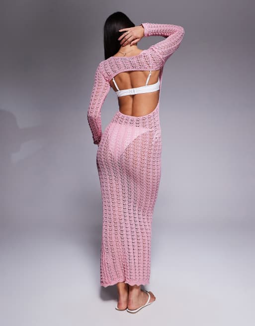 Missyempire crochet knit open back maxi beach dress in pink | ASOS