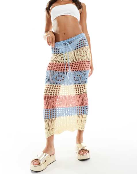 Missyempire crochet maxi beach skirt in pastel stripe - view 1