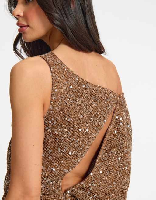 Missyempire Crochet sequin slash off shoulder mini dress in brown, 2 of 4