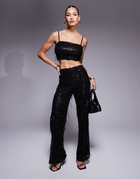 Missyempire crop top and wide leg trousers co-ord in black tassel sequin - view 1