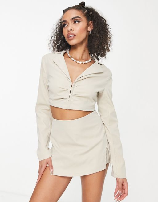 Missyempire cropped blazer with clasp detail co ord in ecru