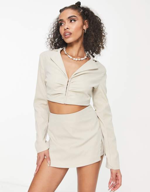 Missyempire cropped blazer with clasp detail co ord in ecru