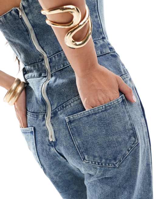 Missyempire - Denim-jumpsuit i bleget vask med bandeau-design, 4 af 4