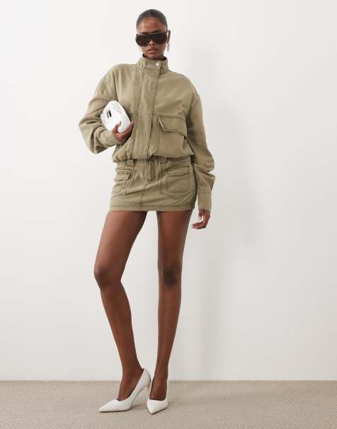 Missyempire denim placket detail bomber jacket and skirt in khaki - view 1