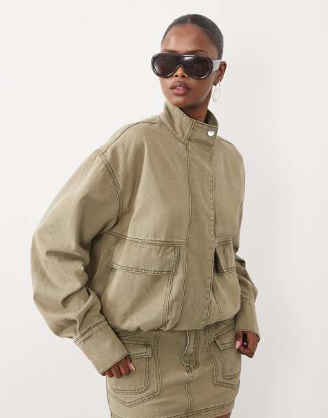 Missyempire denim placket detail bomber jacket co-ord in khaki - view 1
