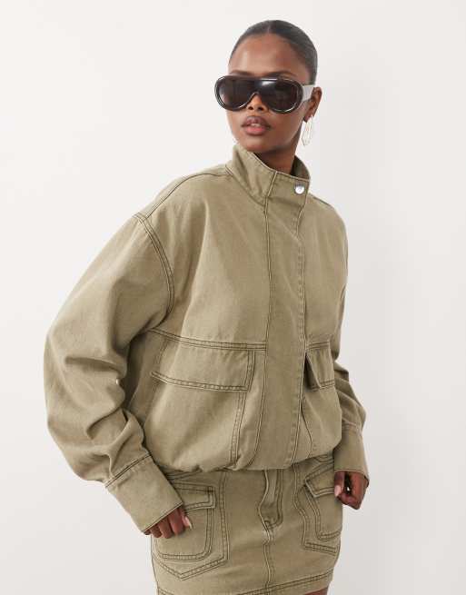 Missyempire denim placket detail bomber jacket and skirt in khaki, 2 of 3