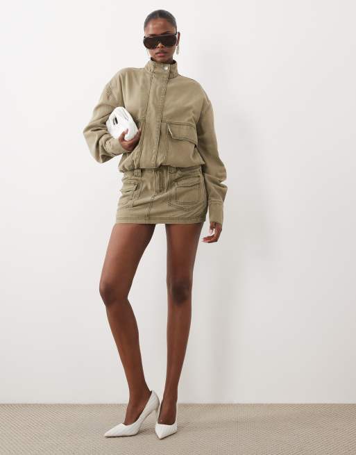 Missyempire denim placket detail bomber jacket co-ord in khaki, 2 of 4