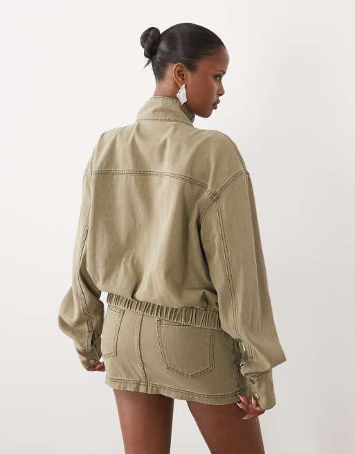 Missyempire denim placket detail bomber jacket co-ord in khaki, 3 of 4