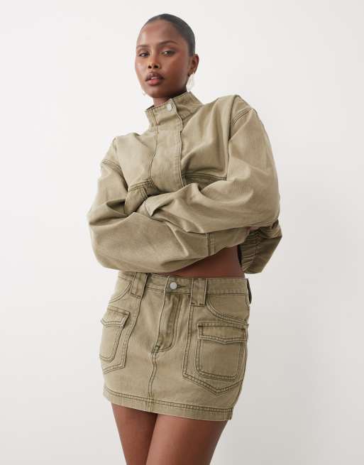 Missyempire denim placket detail bomber jacket and skirt in khaki, 3 of 3
