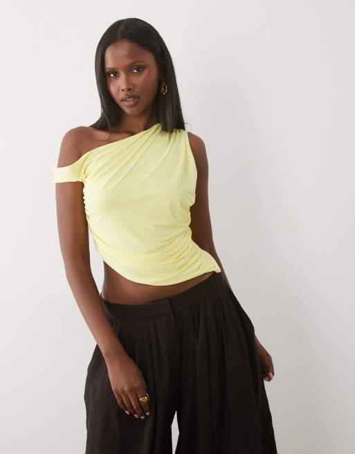 Missyempire dobbeltskulptureret stram asymmetrisk offshoulder-top i citrongul, 4 af 4