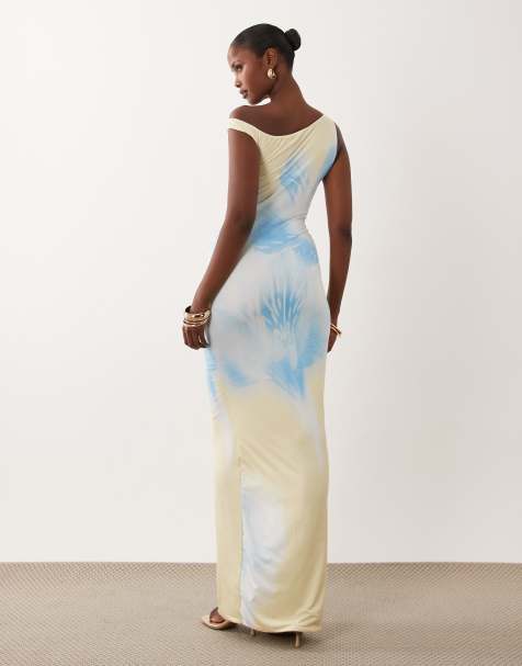 Missyempire doppelt geschnittenes, fließendes Maxikleid mit asymmetrischer Schulter und Zitronen- und blauem Blumenprint - view 1