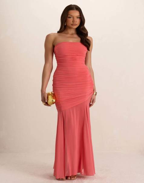 Missyempire Double layer ruched drape maxi dress in coral - view 1