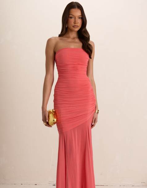 Missyempire Double layer ruched drape maxi dress in coral