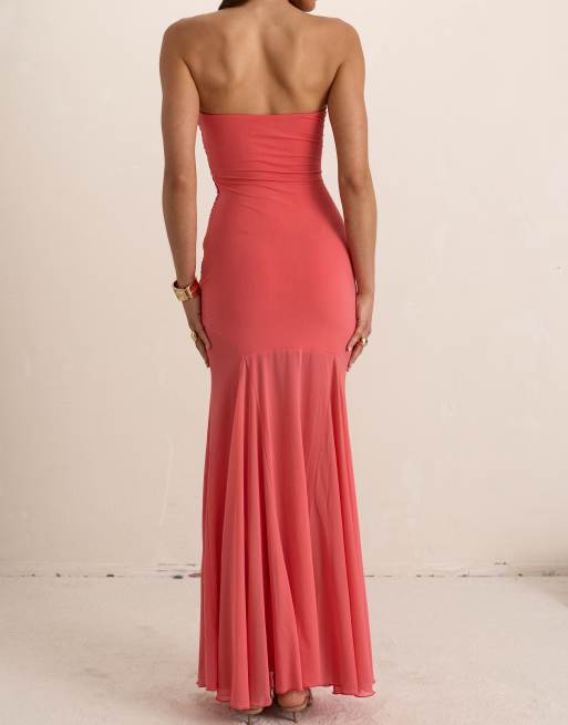 Missyempire Double layer ruched drape maxi dress in coral, 2 of 4
