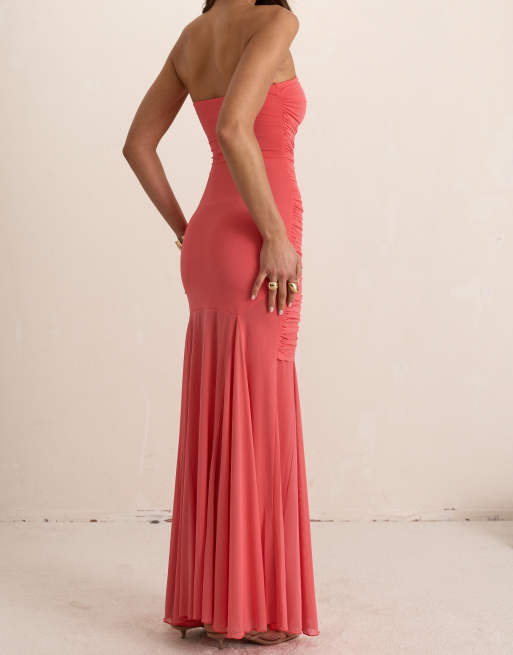 Missyempire Double layer ruched drape maxi dress in coral, 4 of 4