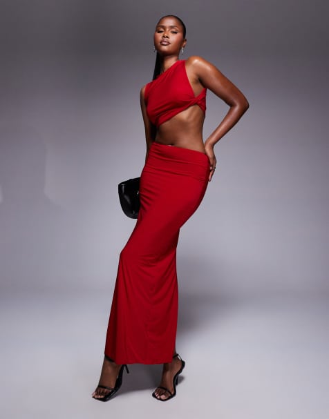 Missyempire double layered slinky high neck crop top and high waist maxi skirt set in red - view 1