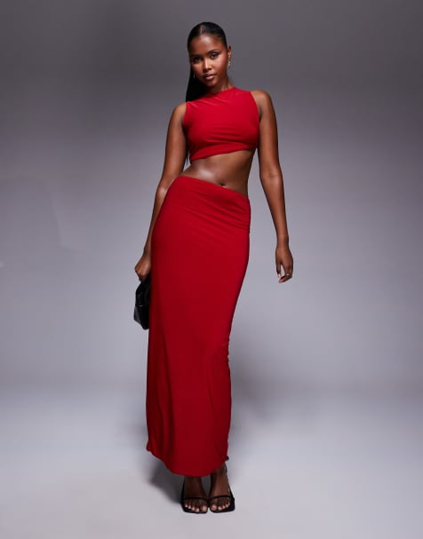 Missyempire double layered slinky high waisted maxi skirt co-ord in red - view 1