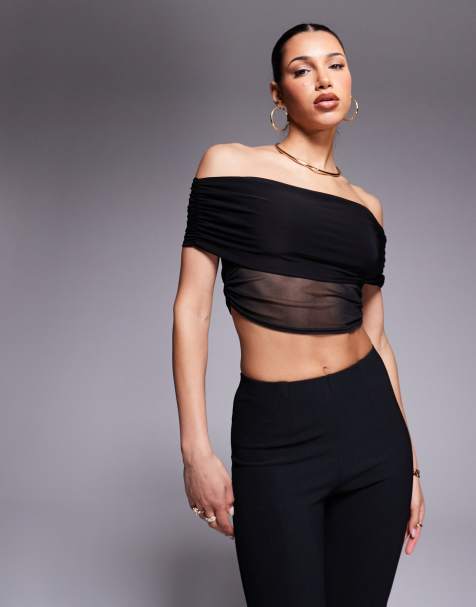 Missyempire double layered slinky mesh detail bardot fold over top in black - view 1