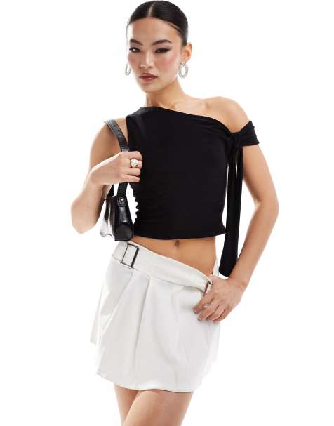 Missyempire double layered slinky off shoulder tie detail top in black - view 1