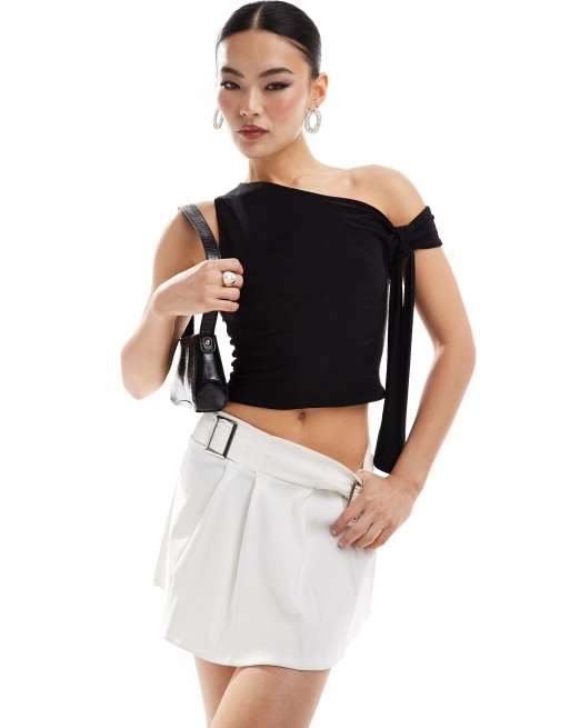 Missyempire double layered slinky off shoulder tie detail top in black 