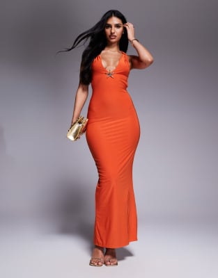 missyempire double layered slinky plunge cross-back metal starfish detail maxi dress in orange