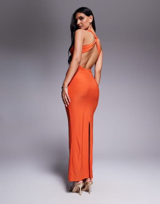 Missyempire double layered slinky plunge cross back metal starfish detail  maxi dress in orange | ASOS