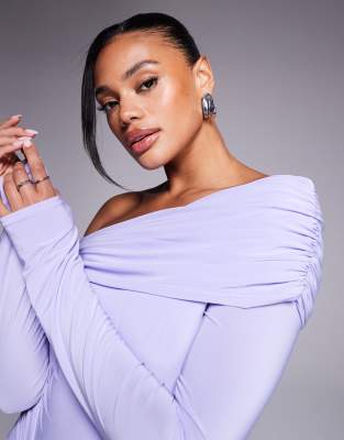Missyempire Double Sculpted Slinky Asymmetric Fold Over Shoulder Drape Detail Bodycon Maxi Dress In Purple