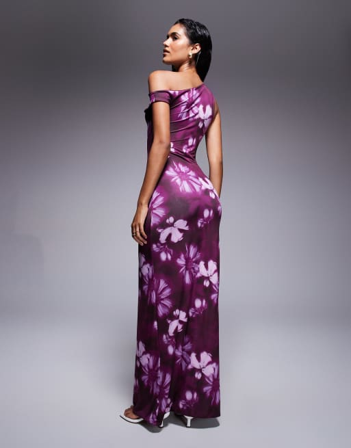 Missyempire double sculpted slinky asymmetric off shoulder maxi dress in blurred purple flower print, 3 of 4