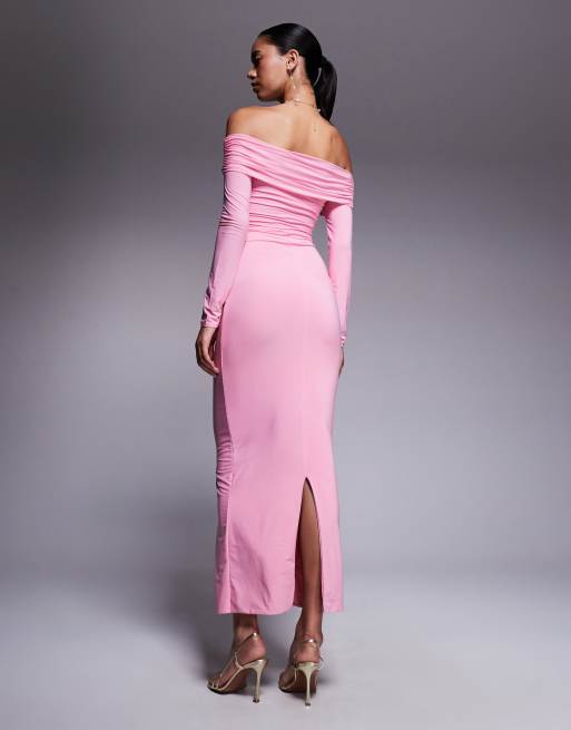women's hot pink prom dress Hot Pink Silky Satin A-line V-neck Long Prom Dresses With Ruffles, MP942 main image 0