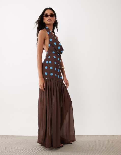 Missyempire double sculpted slinky cowl halternek jurk met lage taille maxi in chocoladebruin en blauwe polkadot - view 1