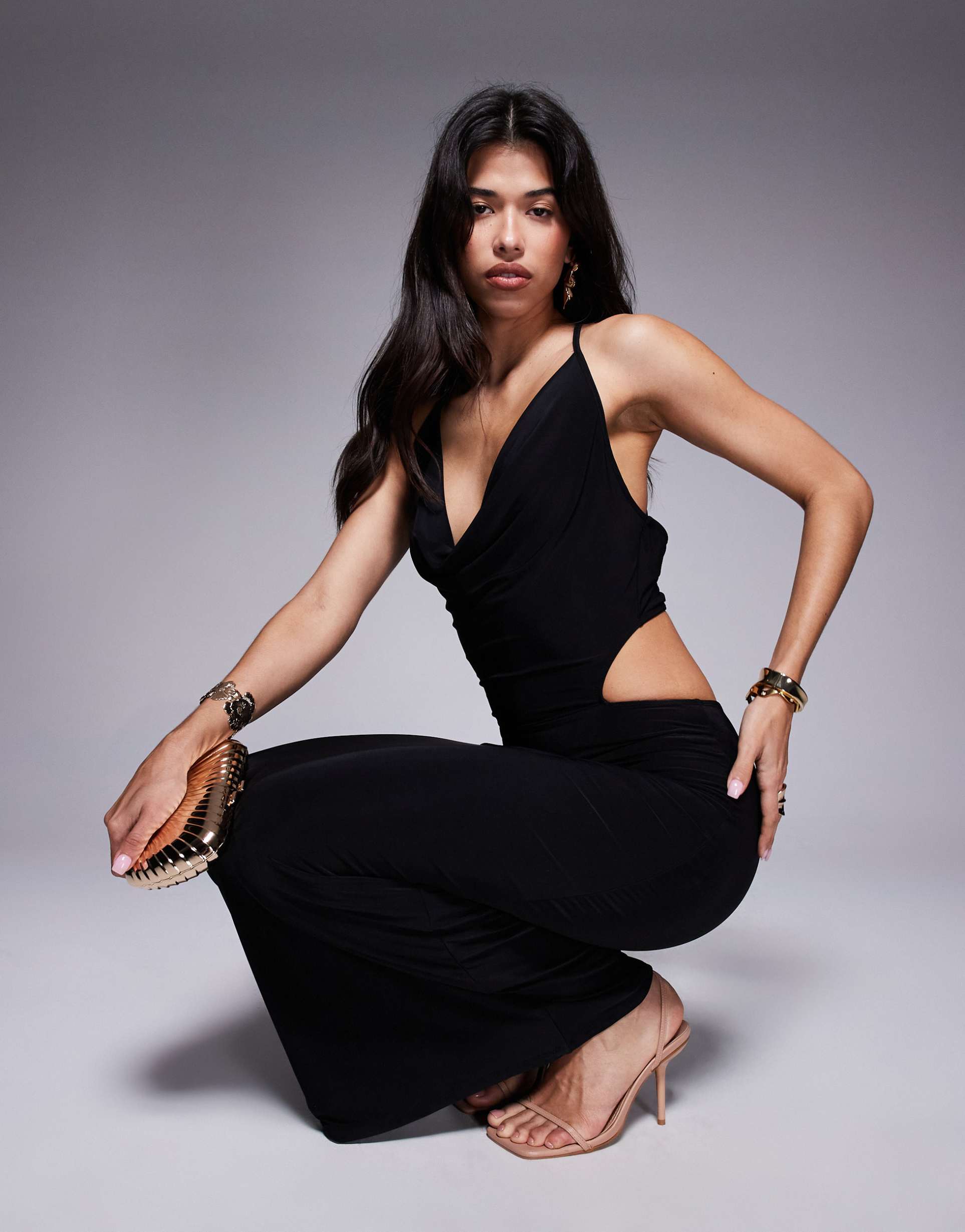 missyempire double sculpted slinky cowl neck cut out detail open back maxi dress in black