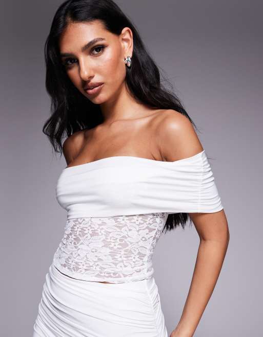 Missyempire double sculpted slinky deep off the shoulder lace top in white - part of a set