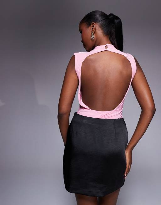 Missyempire double sculpted slinky high neck open back ruched detail bodysuit in pink