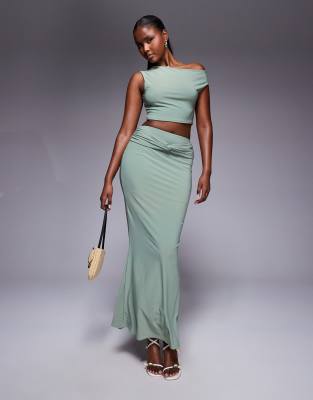Missyempire Missyempire double sculpted slinky knot front maxi skirt co-ord in sage-Green