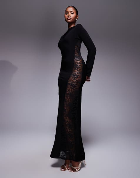 Missyempire double sculpted slinky lace panel flare sleeve maxi dress in black - view 1