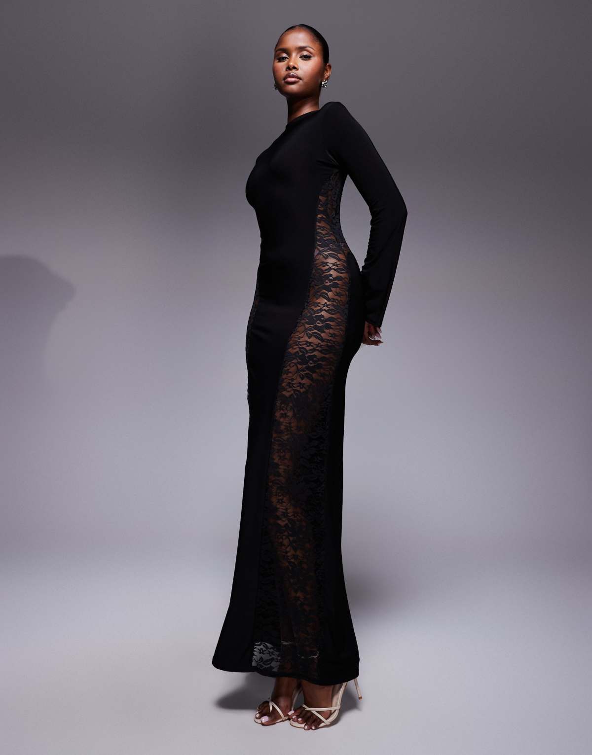 Missyempire double sculpted slinky lace panel flare sleeve maxi dress in black