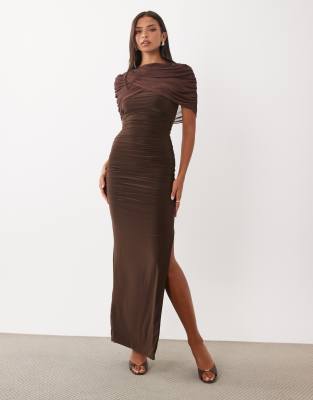 Missyempire Double Sculpted Slinky Mesh Overlay Cape Detail Maxi Dress In Brown