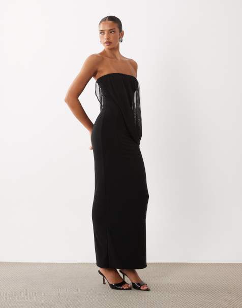Missyempire double sculpted slinky mesh overlay drape detail bandeau maxi dress in black - view 1