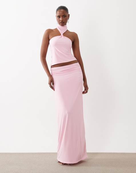Missyempire double sculpted slinky neck choker detail halterneck top and skirt co-ord in baby pink - view 1