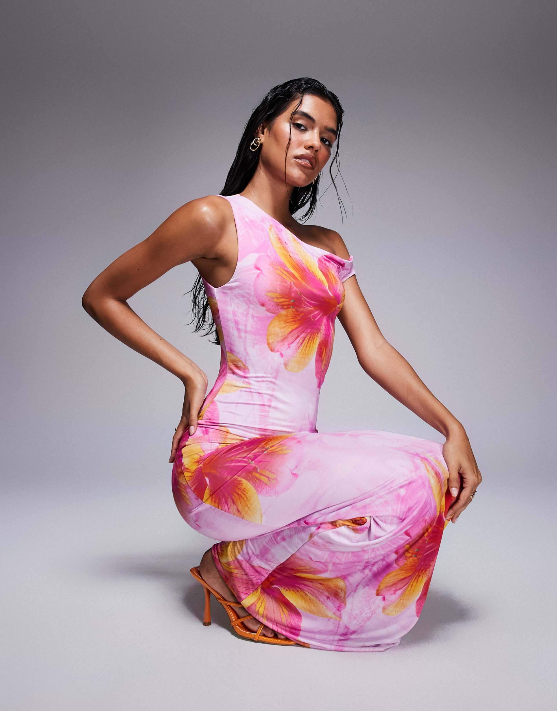 missyempire double sculpted slinky off the shoulder maxi dress in pink and yellow flower print